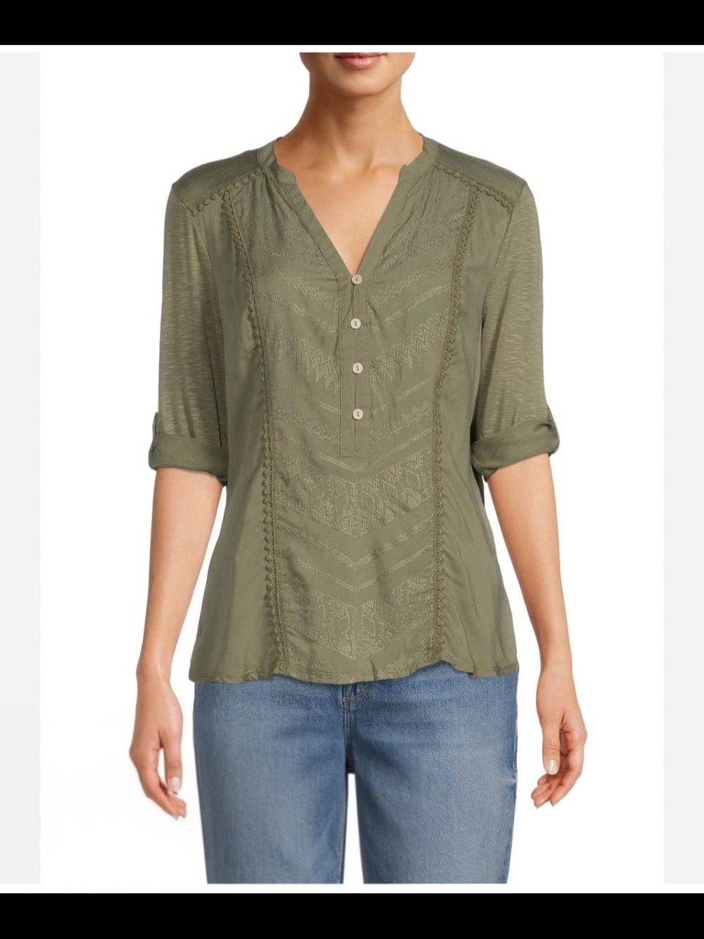 Democracy Olive Button-Front Crochet Panel Blouse